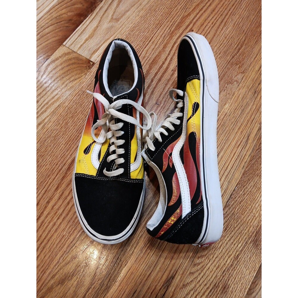 Vans Black Low-Top Sneakers with Yellow & Red Flame Design